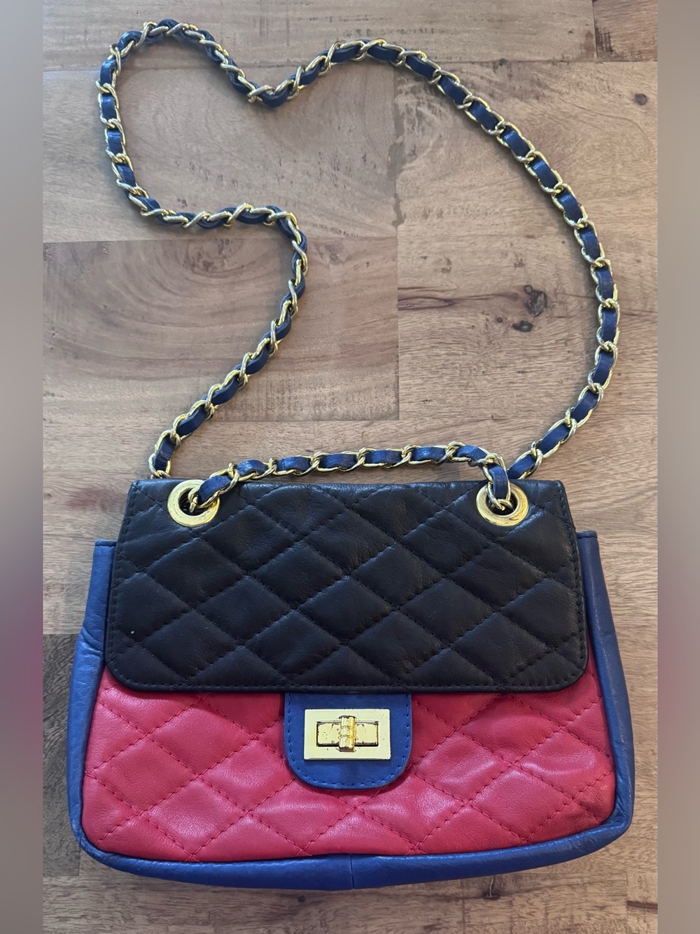 Vintage Quilted Colorblock Chain Shoulder Bag leather bag made in Italy